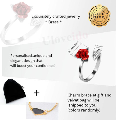 Uloveido Girls Charm Adjustable Red Rose Flower Leaf Ring Wedding Jewelry Valentines Gifts Y456...