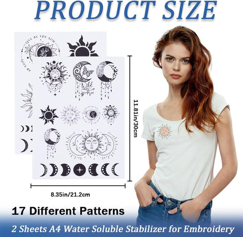 CRASPIRE 2 Sheets Tarot Sun Moon Phase Water Soluble Embroidery Patterns Stabilizers Hand Sewing Stick and Stitch Transfers Fabric Wash Away Pre-P...