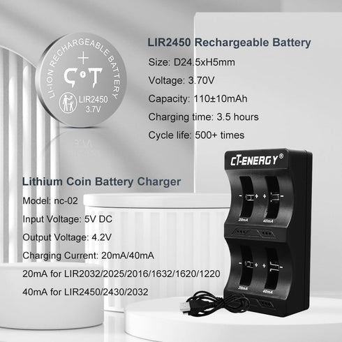 Rechargeable 2450 Battery Charger Kit,Coin Battery Charger with 3.7V High Capacity 120mAh Lir2450 Batteries 4 Pack...