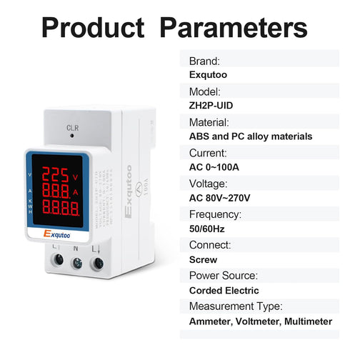 Digital Display Energy Meter - AC Rail-Mounted Meter Electricity Usage Monitor for Voltage, Current, and Energy Consumption Measurement - GT2P-UID...
