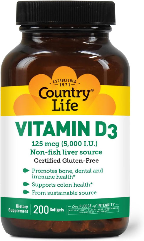 Country Life Vitamin D3 5000 IU for Immune and Bone Health, Calcium Absorption, and Colon Health - Sustainable Source from Lanolin, Available in V...