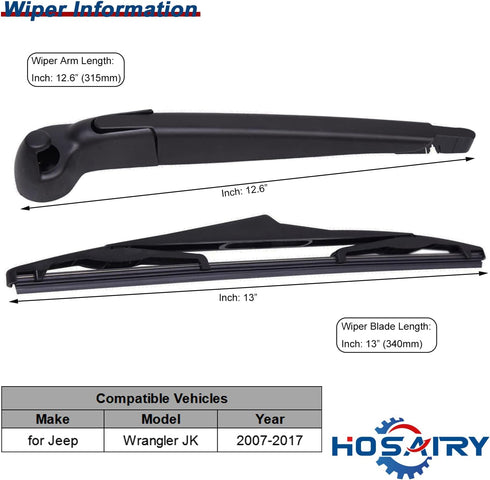 Rear Wiper Arm Blade Set for Jeep Wrangler JK 2007-2018 Rear Windshield Wiper Arm Blade Assembly 68002490AB...
