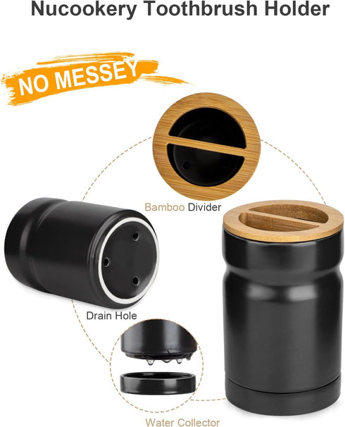 Nucookery 3" Ceramic Black Toothbrush Holders for Bathrooms, Shelf Draining Toothbrush Organizer Electric Toothbrush Holders for bathroom countert...