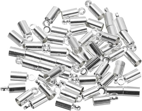MECCANIXITY 50Pcs Cord End Caps 9mm End Cap Barrel Beads Kumihimo 3.5mm Dia End Caps Brass for Leather Cord, Tassels, Jewelry Making, Silver...