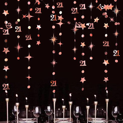 Rose Gold Number 21 Circle Dot Twinkle Star Garland Kit Metallic Hanging Streamer Bunting Banner Backdrop Decoration for Girls 21st Birthday Final...