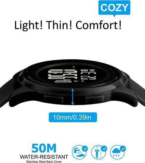 Ultra-Thin Minimalist Sports Waterproof Digital Watches Men with Wide-Angle Display Rubber Strap Wrist Watch for Men Black...