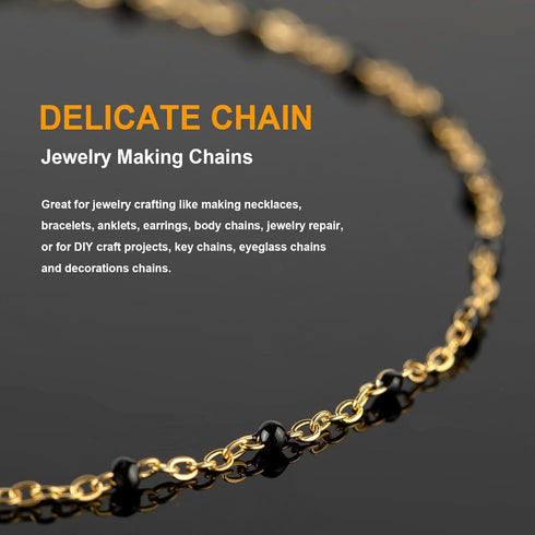 KYUNHOO 16.4 Feet Gold Plated Chain for Jewelry Making Solid Stainless Steel Cable Chain Black Beaded Jewelry Chain Roll with Lobster Clasps Jump ...