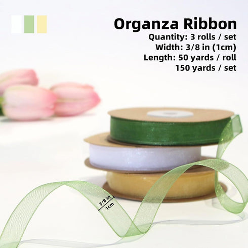 3 Rolls Green and Gold Ribbon for Gifts Wrapping 3/8" x 150 Yard Ribbon for Flower Bouquet 50Yard Per Roll Sheer Ribbon for Baby Shower Decoration...
