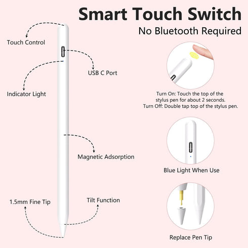 Stylus Pen for iPad with 15mins Fast Charging, Palm Rejection, Active Pencil Compatible with Apple iPad Pro 11&12.9" (2018-2022), iPad 10/9/8/7/6t...
