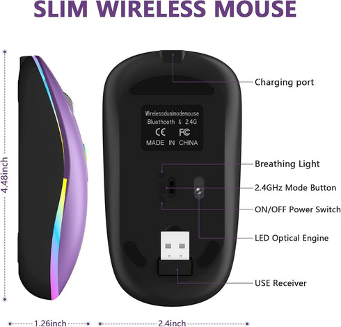 HZD LED Wireless Mouse, Slim Silent Rechargeable Mouse, 2.4G Portable USB Optical Mouse with Type C Adapter, 3 Adjustable DPI Levels 1600/1200/800...