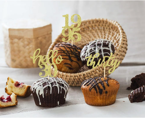 24 Pcs Gold Glitter 30th Birthday Cupcake Toppers for 30th Anniversary Birthday Party Wedding Party Decorations...