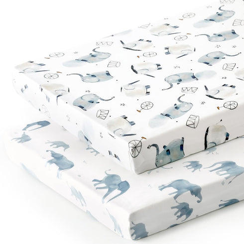 Pack n Play Sheets FItted 2 Pack, Stretchy Ultra Soft Jersey Knit Pack and Play Sheets, Universal Fitted Portable/Mini Crib Mattresses Snug and Sa...