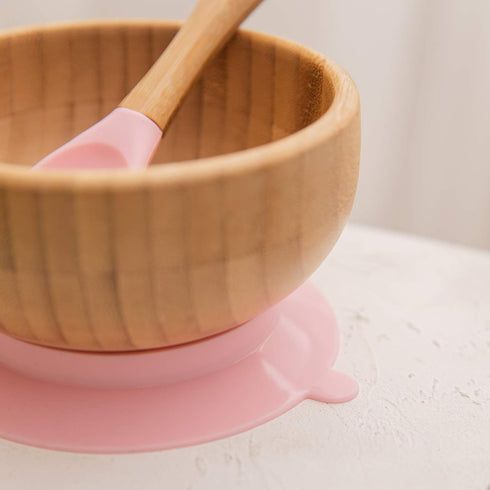 Baby Bowls and Spoons, Baby Bamboo Bowl and Spoon | Silicone Suction | Bamboo Baby Bowls for Baby | Baby Bowls First Stage | Baby Wood Bowls (Cyan...