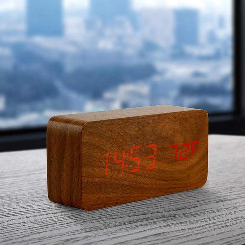 OCT17 Wooden Digital Alarm Clock, Multi-Function Smart Alarm Clock, LED Light Alarm Clock with USB Power Supply, Voice Control, Thermometer - Brow...