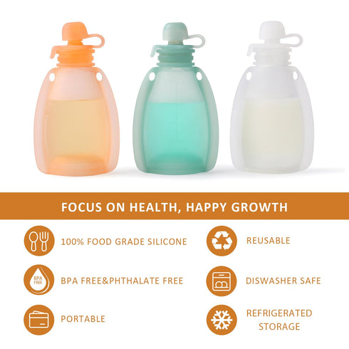 Reusable Silicone Baby Food Pouches, BPA-Free Silicone Refillable Baby Food Storage Bag with Spoon and Leak-Proof Attachment Topper, 4oz (White)...
