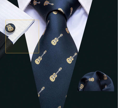 Mens Acoustic Guitar Dress Set including Necktie, Pocket Square/Handkerchief, and Cufflinks Guitarist Band | Navy Blue | Neck Tie...