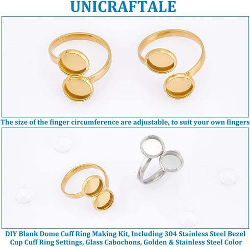 UNICRAFTALE 10Pcs DIY Blank Dome Cuff Ring Making Kit 304 Stainless Steel Bezel Cup Cuff Ring Settings Round Ring Blanks Settings Frame Double Tra...