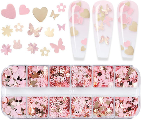 12 Grids Gold Pink Nail Glitter Sequins 3D Cherry Blossoms Butterfly Nail Glitter Flakes Rabbit Love Heart Nail Sequins Supplies Sparky Cute Nail ...