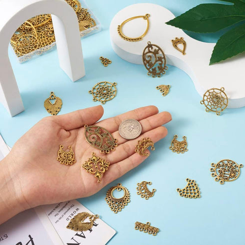 64Pcs Tibetan Antique Gold Chandelier Charms 16 Styles Vintage Filigree Hollow Links Charms with Loops Findings for Dangle Earrings Connector Comp...