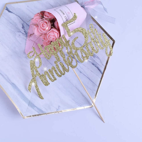 5th Anniversary Party Decoration Gold Glitter 5th happy Anniversary Cake Topper...