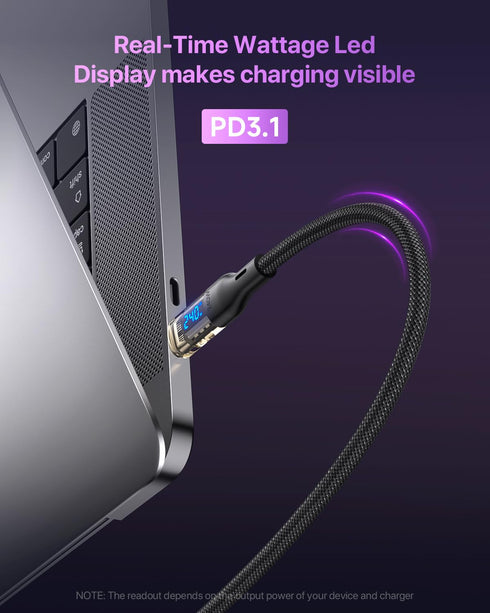 240W USB C to USB C Transparent Cable with LED Display Compatible with 140W 100W Fast Charging for MacBook Pro,lPhone15/15Pro/15ProMax,Samsung Gal...