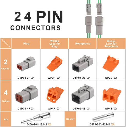 JRready ST6139 DTP Connector Kit 2 4 Pin, Gray IP67 Waterproof Electrical Connectors Plug with Solid Terminals Pin Sockets Current Rating 25 Amps(...