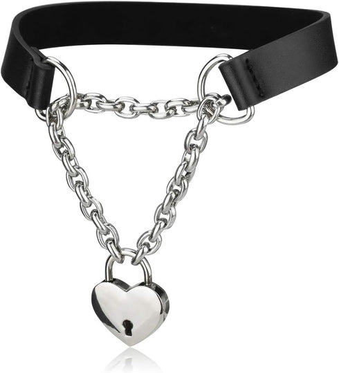 Goth Choker Necklaces for Women, Black Choker and Heart Padlock Day Collar with Key, Black PU Leather Choker Collar for Women...