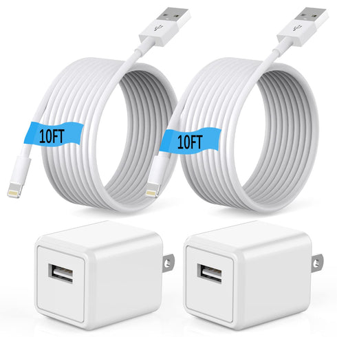 (Apple MFi Certified)iphone charger 10ft,2Pack 10 Foot Long Data Syncing Charging Lightning Cord Cable with 2Pack USB Wall Charger Travel Plug Ada...