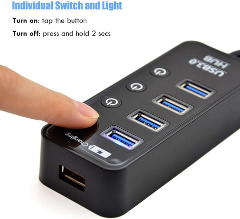 USB Hub 3.0 Powered, LYFNLOVE USB Extender 4-Port Data USB Hub with Power Adapter and 1 Smart Charging Port, USB Splitter with On/Off Switches for...