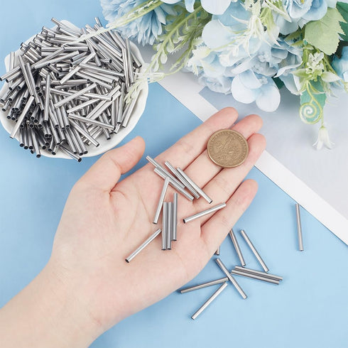 PH PandaHall About 200pcs 30mm Long Stainless Steel Tube Beads Straight Tube Charms Metal Smooth Finding Beads for Jewelry Crafts Making Findings,...