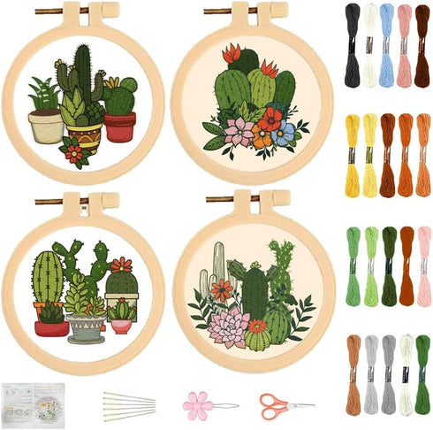 FREEBLOSS 4 Set 3.7'' Small Embroidery Kit with Cactus Patterns and Detailed Instructions, Embroidery Starter Kit for Beginners Cross Stitch Kits ...