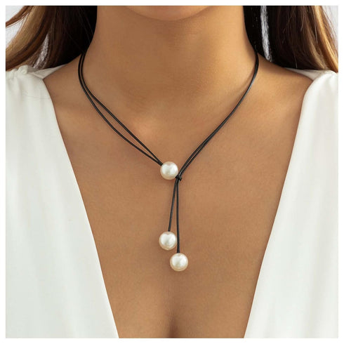 Boho Long Leather Necklace Pearl Y Drop Necklace Black Leather Wrap Choker Necklace Gothic Tie Up Necklace Chain Jewelry for Women and Girls...