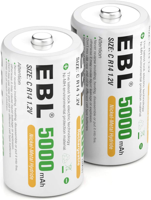 EBL C Size C Cell 5000mAh Ni-MH Rechargeable Batteries, Pack of 2...