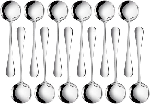 Soup Spoons, 12-Pack Stainless Steel Spoons Silverware Round Cereal Spoon Dinner Spoons Tablespoons Set for Bouillon Dessert Ice Cream Kitchen Coo...