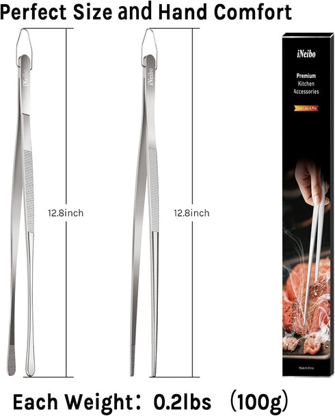 iNeibo Multipurpose Cooking Tweezers Tongs 2 Pack 12 inch/30cm 304 Stainless Steel Straight Tweezers - Extra Long Kitchen Food Tweezers Tongs for ...