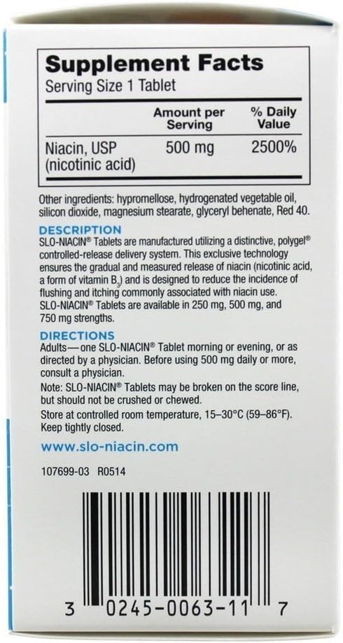 Slo-Niacin Vitamin B3 500 Mg - Slow Release Niacin for Heart Health, Energy Boost, Health Skin, Healthy Blood Sugar Levels - 100 Capsules...