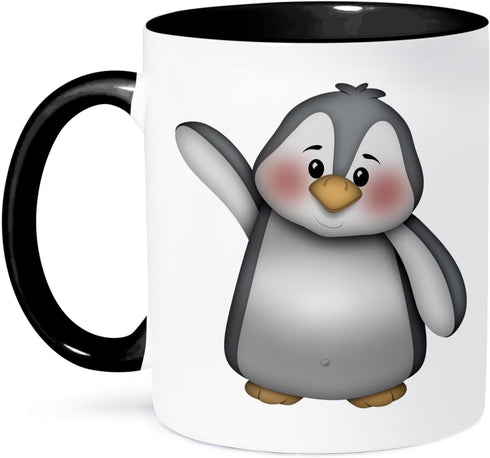 3dRose "Cute Waving Gray and White Penguin Illustration" Mug, Black/White/Gray, 11 oz...