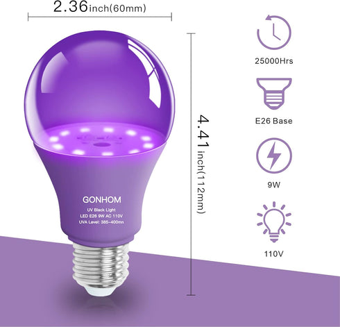 4 Pack A19 LED Black Light Bulbs,Dimmable 9W Blacklight Bulb(100W Equivalent), E26 Base 110V, UVA Level 385-400nm, Glow in The Dark for Black Ligh...
