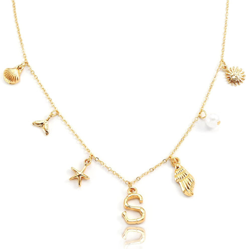 ORIGENCE Initial Charm Necklace for Women - 18K Gold Plated Boho Summer Beach Jewelry with Starfish and Ocean-Inspired Pendants Alphabet Choker Ne...
