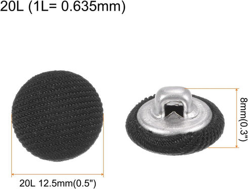 20pcs 20L Fabric Cloth Covered Button 12.5mm Round Metal Shank Sewing Buttons for Suits Dress Blouses, Black...