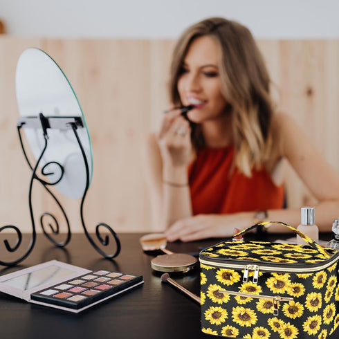 FITINI Travel Sunflower Makeup Bag Cosmetic Bag with Zipper,Large Capacity Waterproof Toiletry Organizer Bag for Women Purse With Handle Zipper Br...