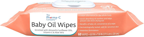 *NEW* The Pharma-C Company Baby Oil Wipes. (60 Wipes) Enriched with Almond and Sunflower Oils, Aloe and Vitamin E....