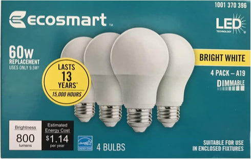 LED TECHNOLOGY EcoSmart 60-Watt Equivalent A19 Dimmable Energy Star LED Light Bulb Bright White (4-Pack)...