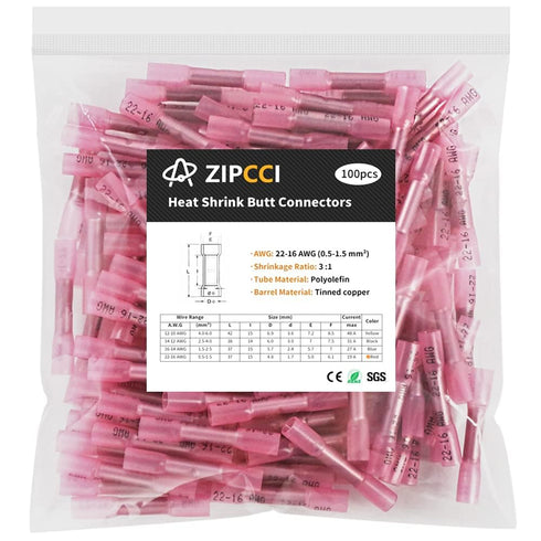 22-16 AWG Heat Shrink Butt Connectors - 100Pcs Red Crimp Waterproof Electrical Cable Wire Connector Speaker Automotive Marine Grade Wire Crimp Ter...