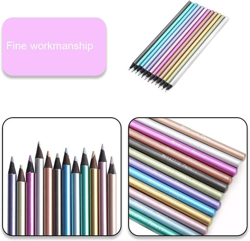 12 Pack Metallic Colouring Pencils Colour Therapy Metallic Pencils Black Wooden Colour Drawing Pencils for Adult Kids Beginner Artist Painting...