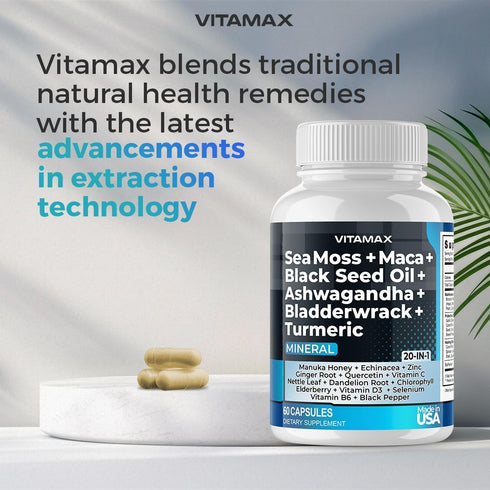 Sea Moss 3000mg Maca 1000mg Black Seed Oil 2000mg Ashwagandha 1000mg Bladderwrack, Turmeric - Manuka, Elderberry, Vitamins C & D3, Chlorophyll, Zi...
