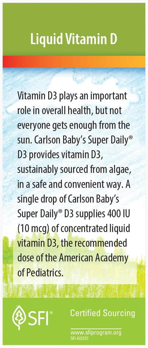 Carlson - Baby's Plant-Based Super Daily D3, Baby Vegetarian Liquid Vitamin D Drops, 400 IU (10 mcg) per Drop, Sourced from Algae, for Infants and...