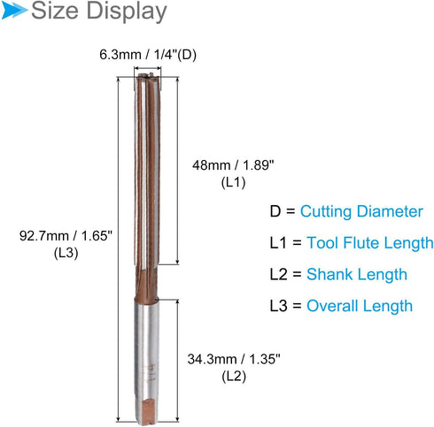 Hand Reamer, 1/4" Cutting Dia. 6 Flutes, High Speed Steel Milling Cutter Tool - / Applications: for Aluminum Plastic Wood Copper...