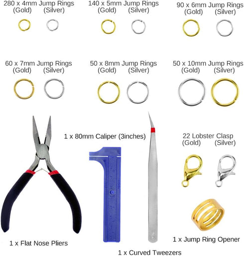 BIGTEDDY - 1388pcs Open Jump Rings and Lobster Clasps for Beginner Jewelry Repair Bead Making Findings Starter Kit Set with Plier Tweezer Caliper ...