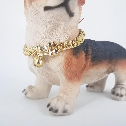 18K Engraved Dog Collar Gold Metal Stainless Steel with Bone Lock 14mm Gold Big Dog Luxury Training Collar Cuban Link Necklace Chain with Bell...